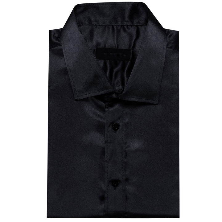 Black Solid Silk Men's Long Sleeve Shirt