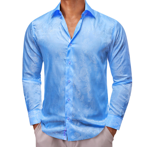 Sky Blue Paisley Men's Dress Shirts Men's Long Sleeve Shirt