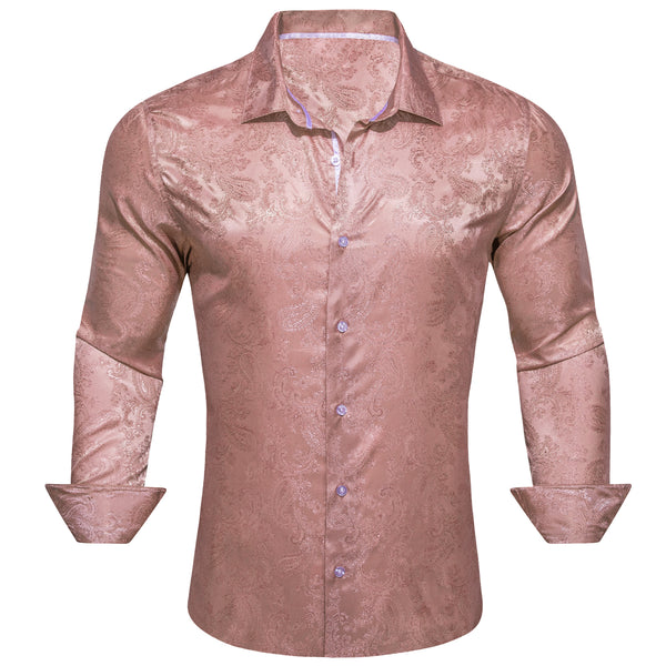 Dark pink Paisley Style Casual Silk Men's Long Sleeve Button Shirt