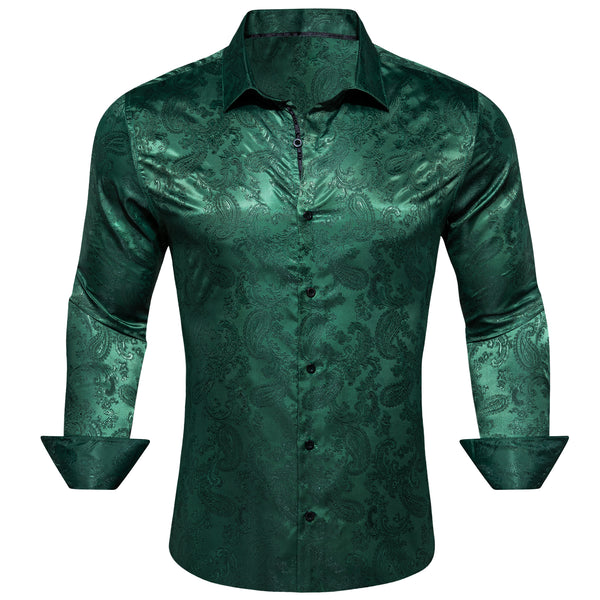 Dark Green Paisley Style Casual Silk Men's Long Sleeve Button Shirt