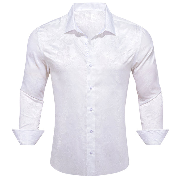 White Paisley Style Casual Silk Men's Long Sleeve Button Shirt