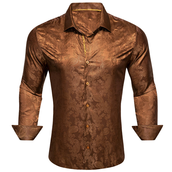 Ties2you Button Down Shirt Brown Paisley Style Casual Silk Men's Long Sleeve Shirt