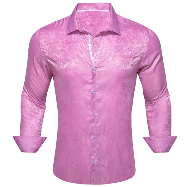 Pink Paisley Style Casual Silk Men's Long Sleeve Button Shirt