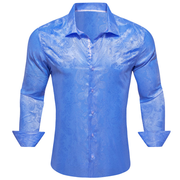 Light Blue Paisley Style Casual Silk Men's Long Sleeve Button Shirt
