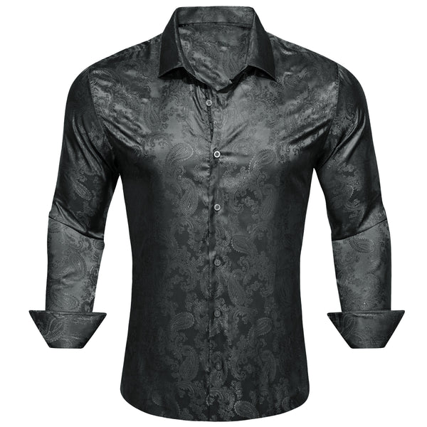 Black Paisley Style Casual Silk Men's Long Sleeve Button Shirt