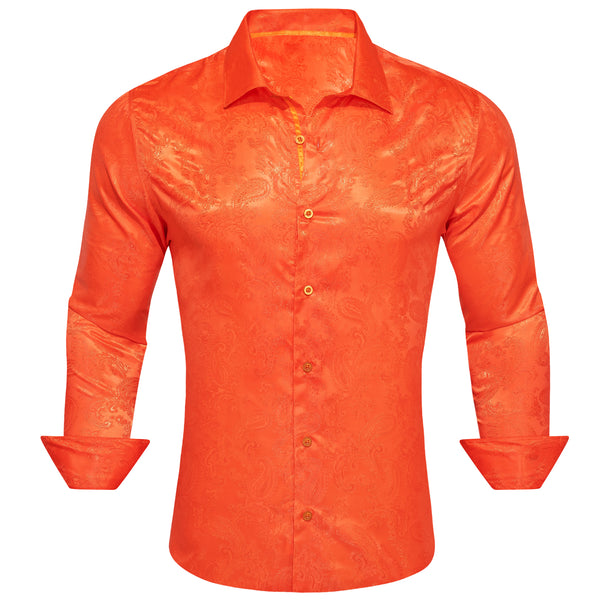 Orange Paisley Style Casual Silk Men's Long Sleeve Button Shirt