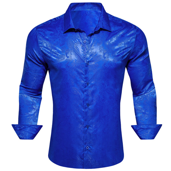 Royal blue Paisley Style Casual Silk Men's Long Sleeve Button Shirt