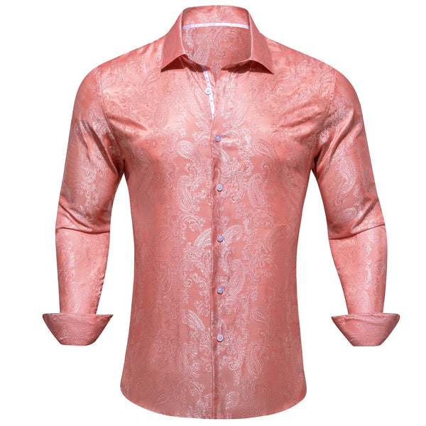 Blush pink Paisley Style Casual Silk Men's Long Sleeve Button Shirt