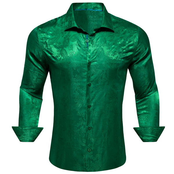 Emerald green Paisley Style Casual Silk Men's Long Sleeve Button Shirt