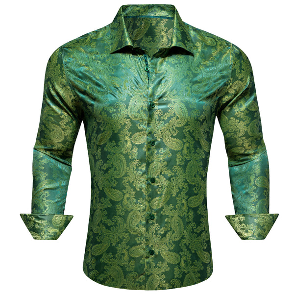 Grass Green Paisley Style Casual Silk Men's Long Sleeve Button Shirt