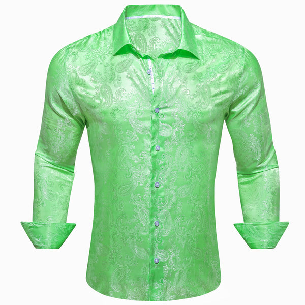 Light Green Paisley Style Casual Silk Men's Long Sleeve Button Shirt