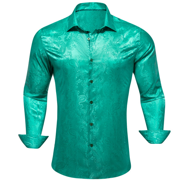 Green Paisley Style Casual Silk Men's Long Sleeve Button Shirt