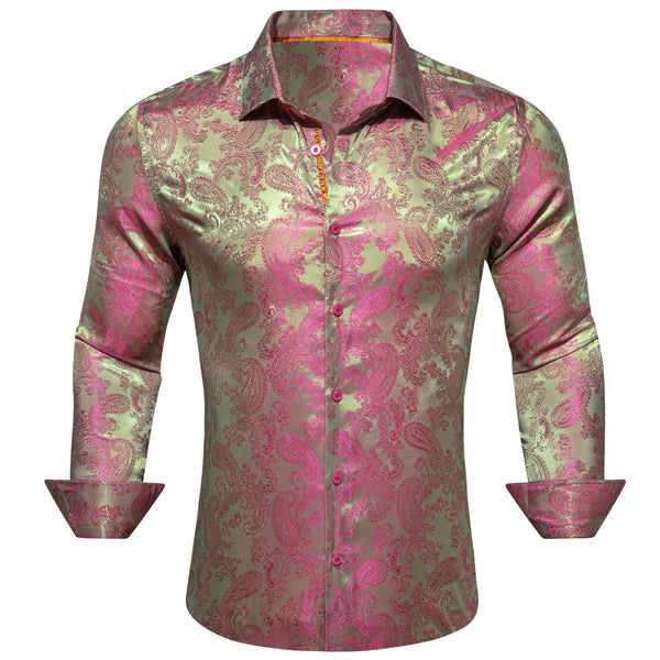 Pink Green Paisley Style Casual Silk Men's Long Sleeve Button Shirt