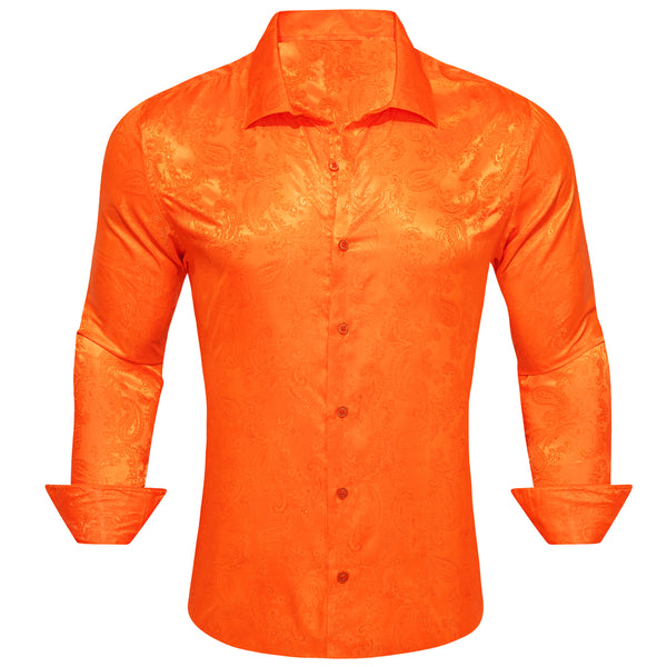 Bright Orange Paisley Style Casual Silk Men's Long Sleeve Button Shirt