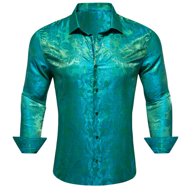 Blue Green Paisley Style Casual Silk Men's Long Sleeve Button Shirt
