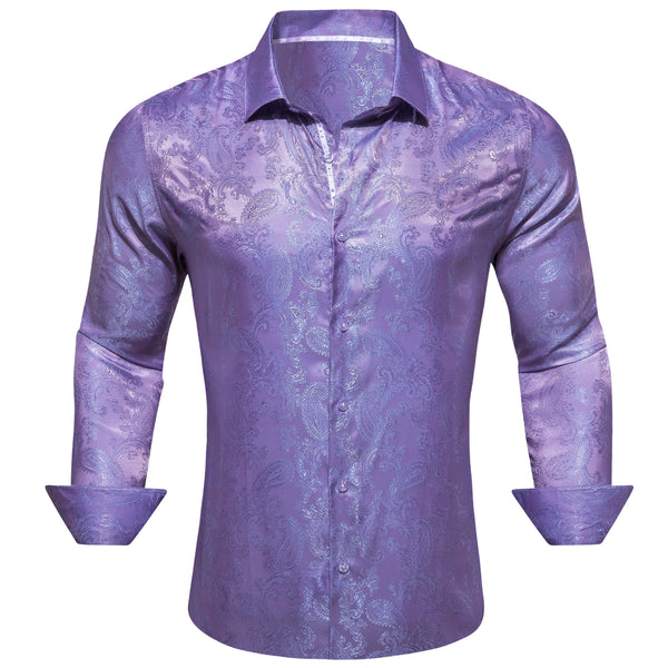 Purple Paisley Style Casual Silk Men's Long Sleeve Button Shirt