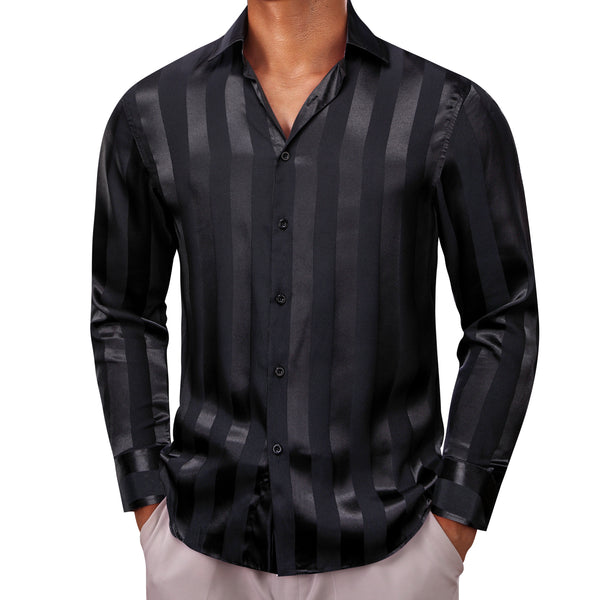 Classic Black Striped Shiny Satin Men's Long Sleeve Shirt