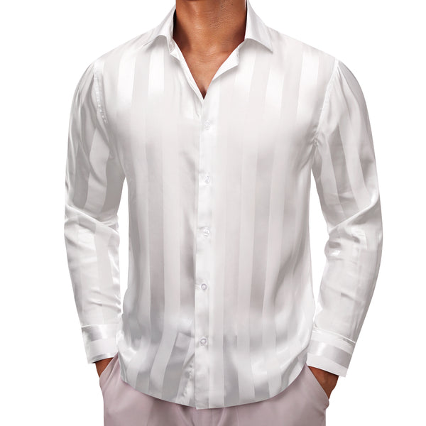 Classic White Striped Shiny Satin Men's Long Sleeve Shirt