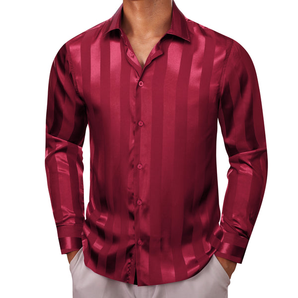 Casual Deep Red Striped Shiny Satin Men's Long Sleeve Shirt
