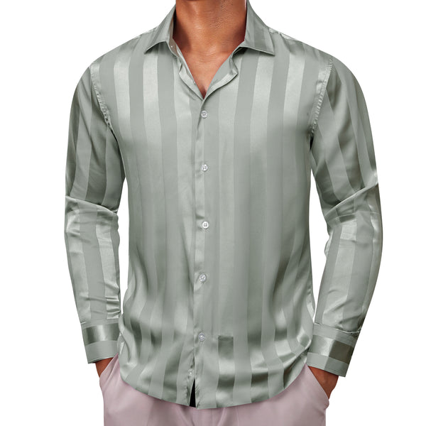 Ties2you Men's Shirt Bean Green Striped Shiny Satin Long Sleeve Shirt Casual