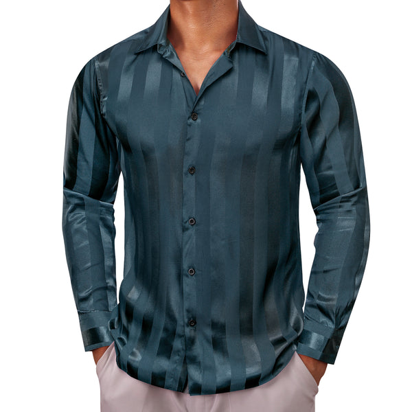 Casual Deep Teal Blue Striped Shiny Satin Men's Long Sleeve Shirt