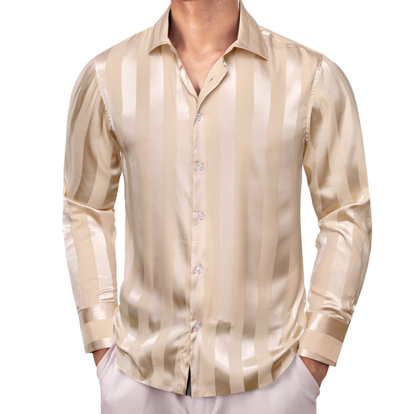 Casual Beige Striped Shiny Satin Men's Long Sleeve Shirt