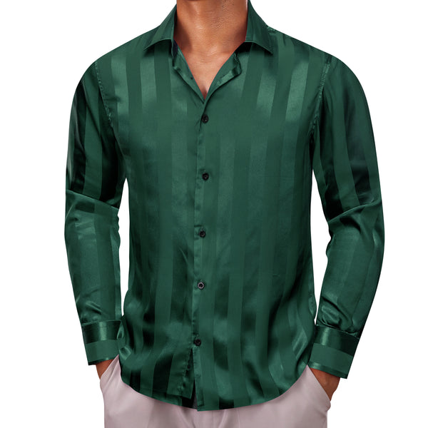 Casual Dark Green Striped Shiny Satin Men's Long Sleeve Shirt