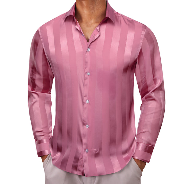 Casual Blush Pink Striped Shiny Satin Men's Long Sleeve Shirt