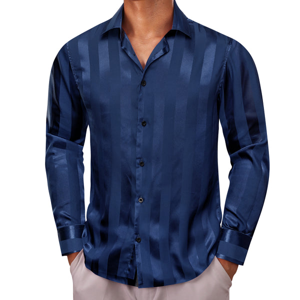 Casual Navy Blue Striped Shiny Satin Men's Long Sleeve Shirt
