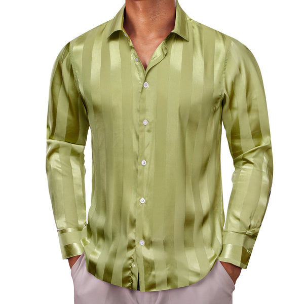 Casual Olive Green Striped Shiny Satin Men's Long Sleeve Shirt