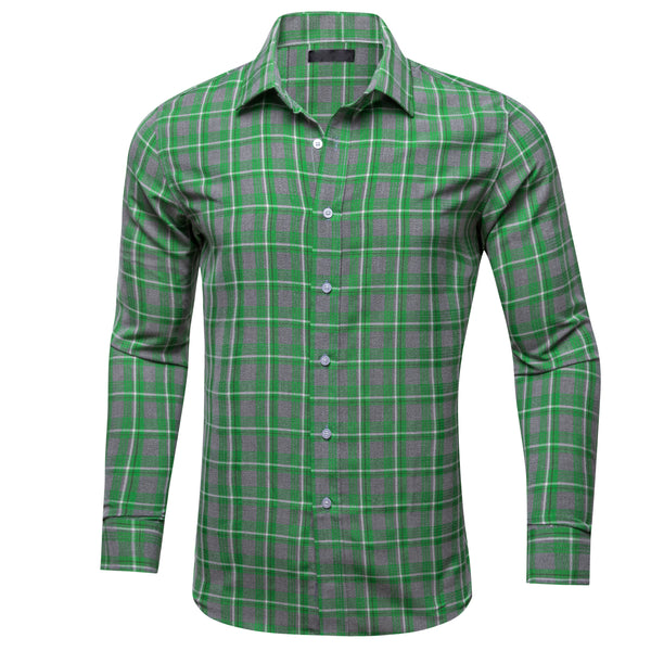 Green Grey Plaid Men's Long Sleeve Casual Shirt