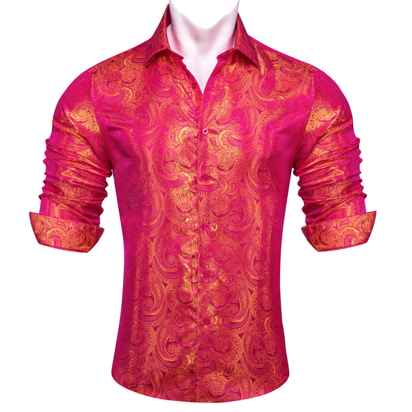 DeepPink Golden Paisley Silk Men's Long Sleeve Shirt