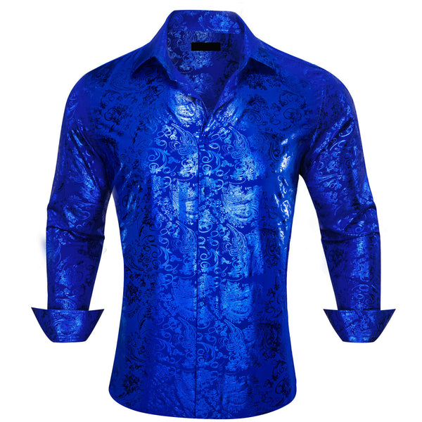 Cobalt Blue Bronzing Floral Button Down Silk Long Sleeve Shirt
