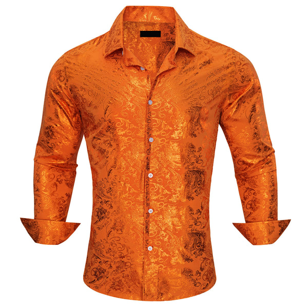 Bronzing Floral Fire Orange Men's Silk Shirt