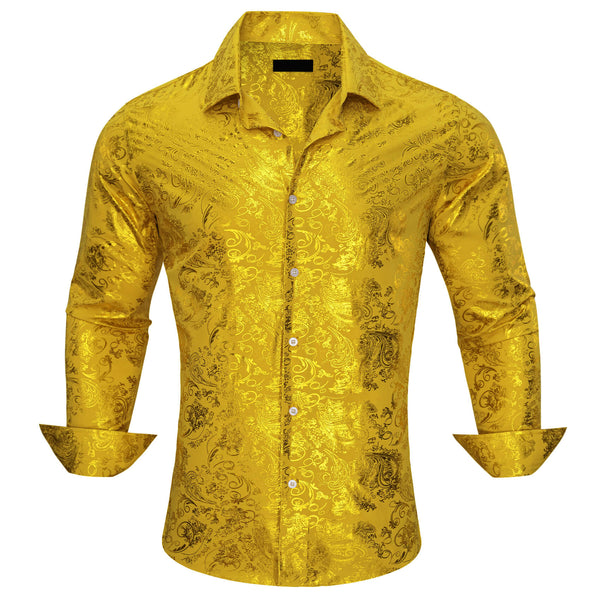  Gold Yellow Jacquard Floral Silk Button Down Shirt