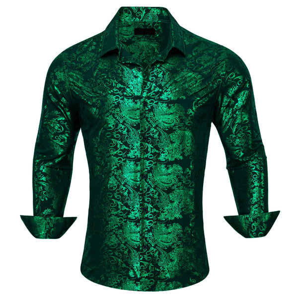 Silk Emerald Green Bronzing Floral Jacquard Shirt
