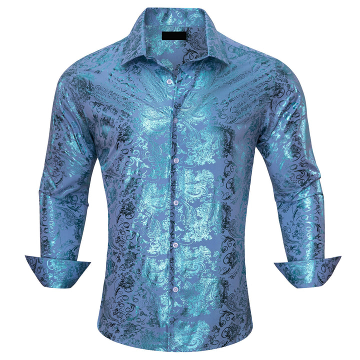  Sky Blue Bronzing Floral Silk Long Sleeve Shirt 