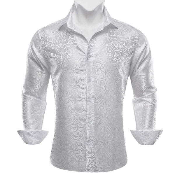  White Paisley Jacquard Silk Long Sleeve Shirt