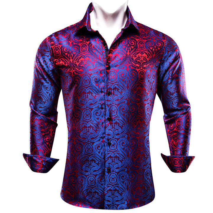 Blue Red Paisley Silk Men's Long Sleeve Shirt