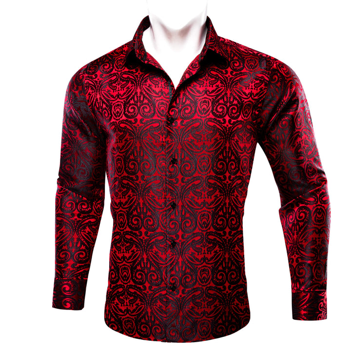 Red Black Woven Paisley Silk Men's Shirt