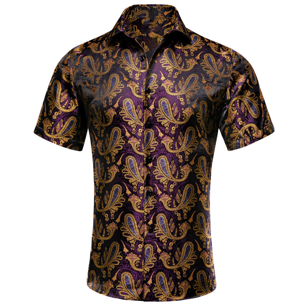 Purple Golden Paisley Silk Men's Short Sleeve Shirt