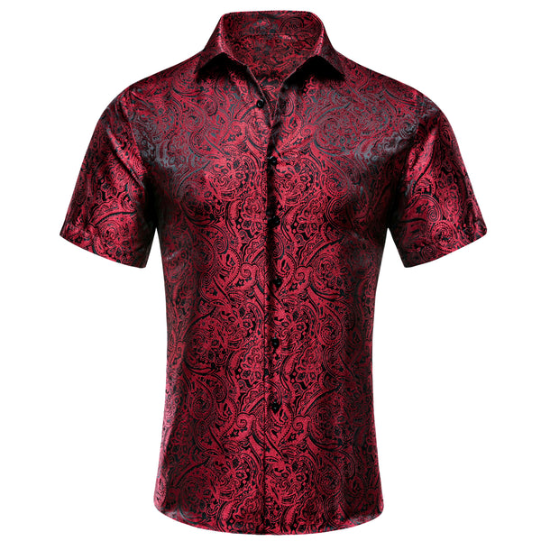 Deep Red Paisley Silk Men's Short Sleeve Shirt