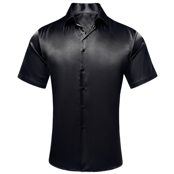 Black Solid Satin Men's Short Sleeve Shirt