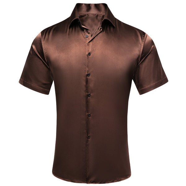 Brown Solid Satin Men's Short Sleeve Shirt