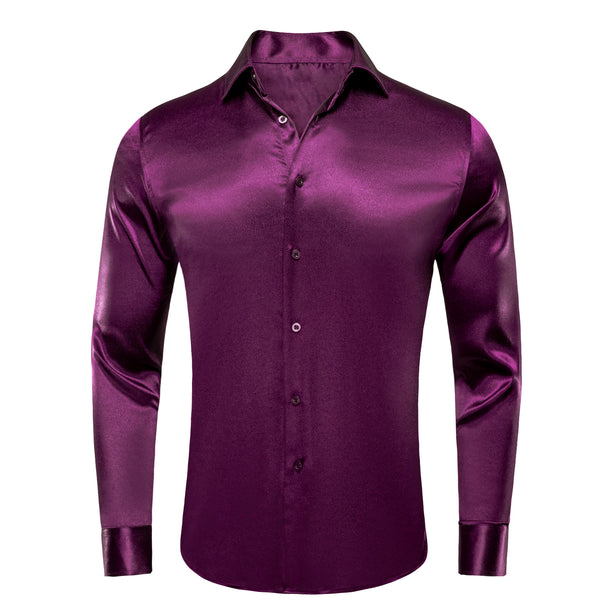 Shiny Dark Purple Solid Silk Men's Long Sleeve Shirt