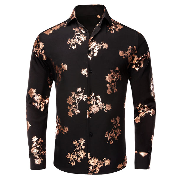 Black Rose Golden Floral Pattern Silk Men's Long Sleeve Shirt