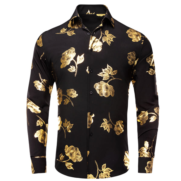 Black Golden Floral Silk Men Long Sleeve Shirt