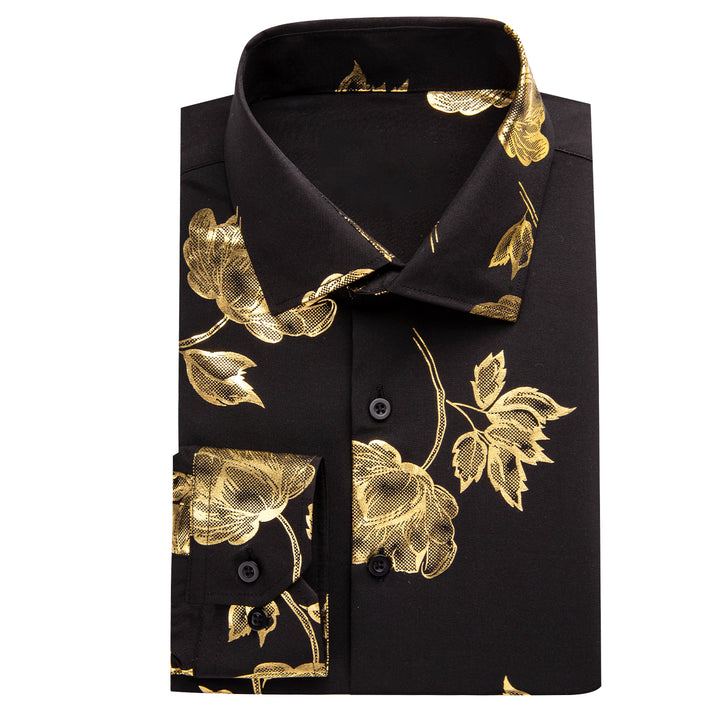 Ties2you Collar Shirt Black Golden Floral Silk Long Sleeve Men's