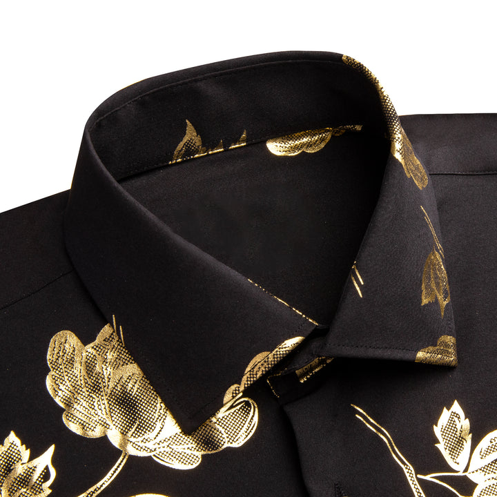 Ties2you Collar Shirt Black Golden Floral Silk Long Sleeve Men's Shirt ties2you Ties2you Collar Shirt Black Golden Floral Silk Long Sleeve Men's Shirt ties2you