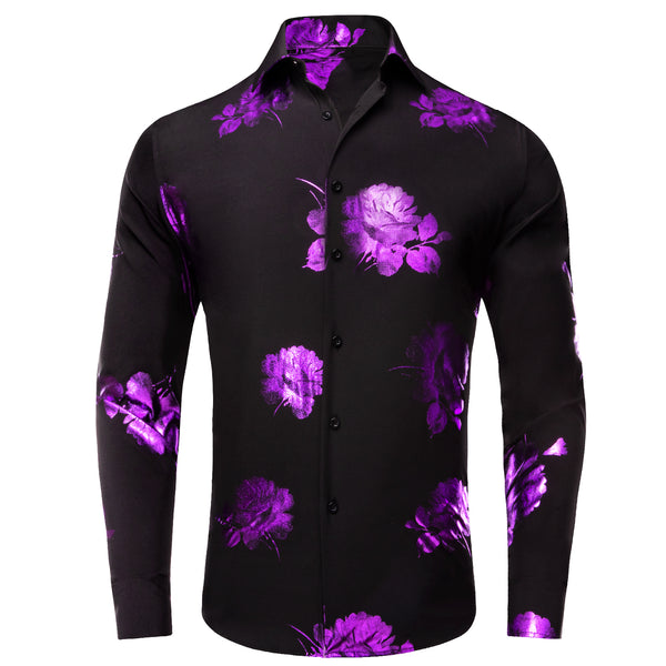 Black Purple Floral Pattern Silk Men's Long Sleeve Shirt
